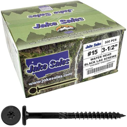 Jake Sales 15x3-1/2 Black Wafer Head Structural Lag Screws. Used for Log Construction, Timber Framing, Laminated Beams and Pole Barns Among Other Uses. T-30 Torx/Star Drive (Full Box ~500 Screws) - size: 3-1/2"