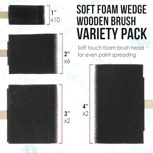 U.S. Art Supply Variety Foam Sponge Wood Handle Paint Brush Set, 20-Pack