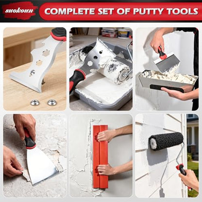 suokoun Drywall Skimming Tool Set, 24 Inch Drywall Skimming Blade, Mud Pan, 9 Inch Compound Roller, Extension Handle and Three Mud Knife for Plasterboard Skim Coating and WallBoard - size: 24+14+9+7+4+3inch