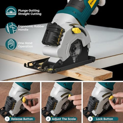 Enventor Mini Circular Saw with 3 Blades, 3-3/8 in, 4.8 A Corded