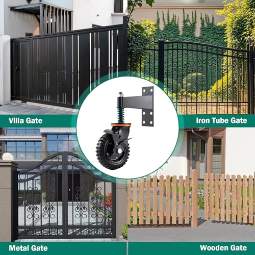2 Pack 6 Inch Gate Wheel with Brake,Heavy Duty Fence Wheel 360° Swivel, Spring Shock Absorption, 1000LB Capacity, All-Terrain Rubber Tire & Metal Bracket for Sliding Farm Garden Gates - style: 6 inch-2pack