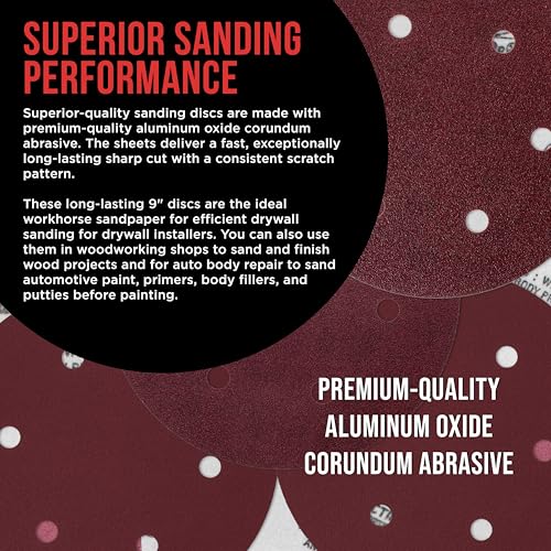 ProductionShop Premium 9" Red 6-Hole Pattern 60 Grit Sanding Discs, Box of 20 - Dustless Hook & Loop Backing Sandpaper for Drywall Power Sanders, Coarse-Cut Abrasive - Woodworking, Sand Auto Paint - style: 60 Grit