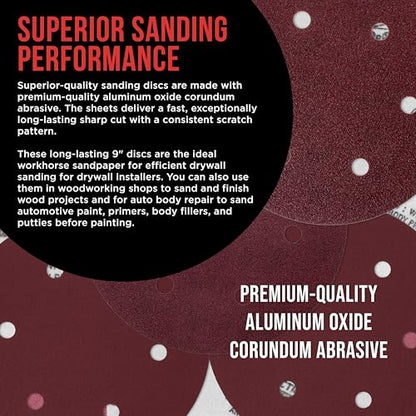 ProductionShop Premium 9" Red 6-Hole Pattern 60 Grit Sanding Discs, Box of 20 - Dustless Hook & Loop Backing Sandpaper for Drywall Power Sanders, Coarse-Cut Abrasive - Woodworking, Sand Auto Paint - style: 60 Grit