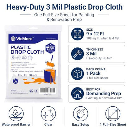 VICMORE Heavy-Duty Clear Plastic Drop Cloth, 9 x 12 Ft, 3 Mil, 1 Pack - size: 9 x 12 Ft, 3 Mil, 1 Pack
