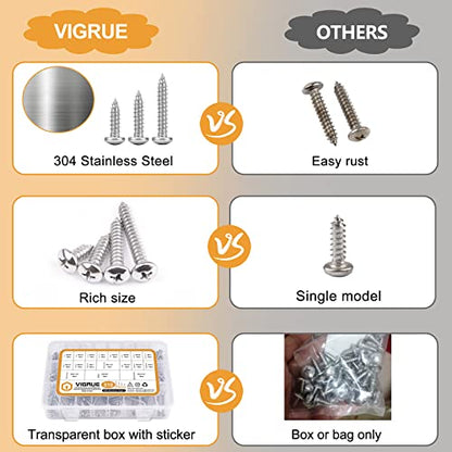 VIGRUE 510Pcs Stainless Steel Wood Screws Assortment Kit, #4#6#8#10#12 Phillips Pan Head Sheet Metal Screws Self Tapping Screws Set,Length 3/8" to 1-1/2" - size: 510Pcs Pan Head #4#6#8#10#12