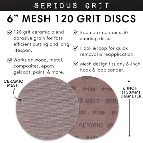 Serious Grit - 6-Inch P120 Grit Ceramic Mesh Sanding Discs - 50 Pack - style: 120 Grit