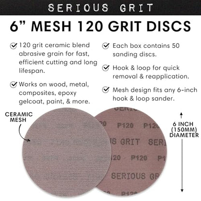 Serious Grit - 6-Inch P120 Grit Ceramic Mesh Sanding Discs - 50 Pack - style: 120 Grit