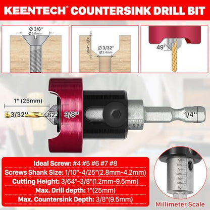KEENTECH 3/8" x 3/32" Carbide Tipped Countersink Drill Bit with Depth Stop - size: 3/8" * 3/32"