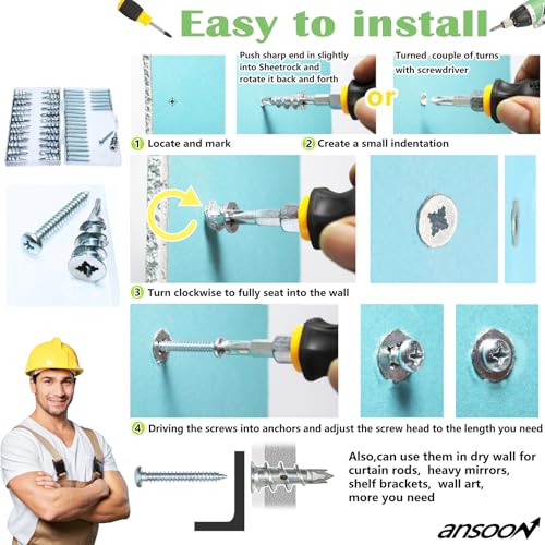 50Pcs Metal Self Drilling Drywall Anchors Heavy Duty with Screws Kit