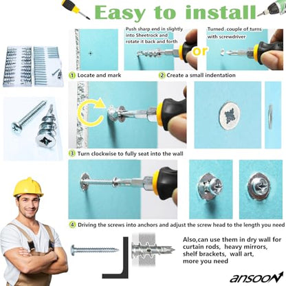 50Pcs Metal Self Drilling Drywall Anchors Heavy Duty with Screws Kit