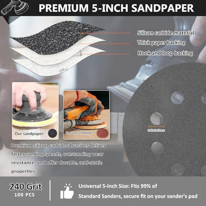 100PCS 5 Inch Sanding Discs 240 Grit, Wet Dry Hook and Loop Sandpaper - style: 240Grit