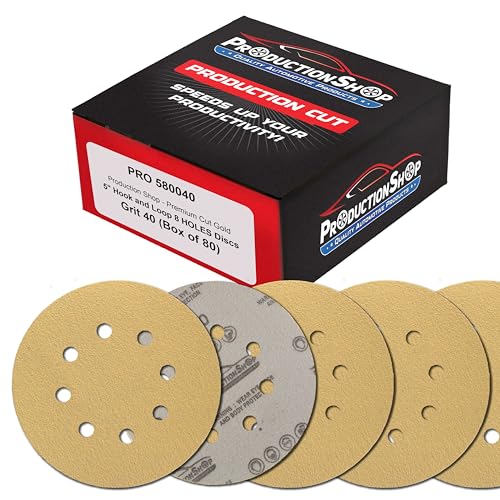 ProductionShop Premium 40 Grit 5" Gold Sanding Discs, 8-Hole Pattern, Box of 80 - Dustless Hook & Loop Backing Sandpaper for DA & Random Orbital Sanders, Sand Auto Paint, Wood, Woodworking Furniture - style: 40 Grit