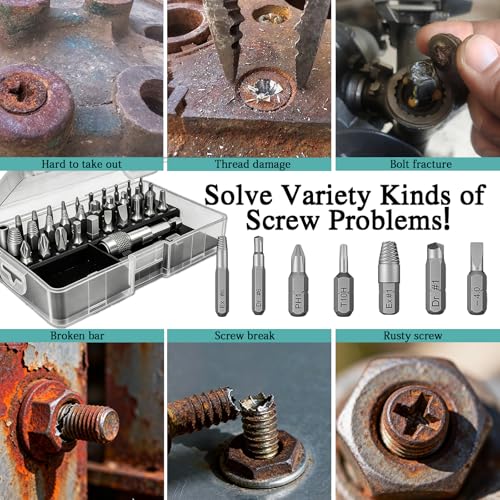 33PCS Damaged Screw Extractor Set,Stripped Screw Extractor Kit with Magnetic Extension Shaft & Socket Adapter, Stripped Screw Remover Kit – Extract Rusty, Broken Screws Easily for DIY Garden Wood