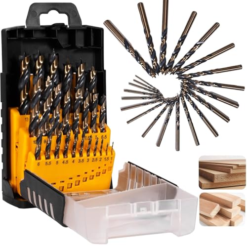25Pcs Brad Point Drill Bit Set, Titanium Coated HSS Full Ground Wood Drill Bits for Hardwood & Softwood, 1-13mm (0.5mm Step) with Storage Case