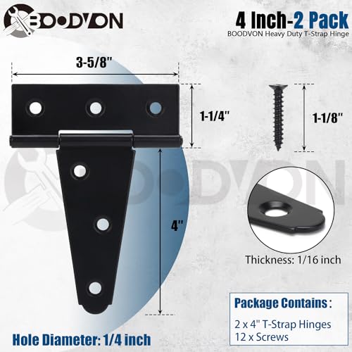 4 Inch T-Strap Gate Hinges, Shed Barn Door Hinges Heavy Duty, Black Tee Hinges for Wooden Fences, Yard Gate, Wrought Hardware Iron Rustproof (2Pack/Set) - size: 4 Inch
