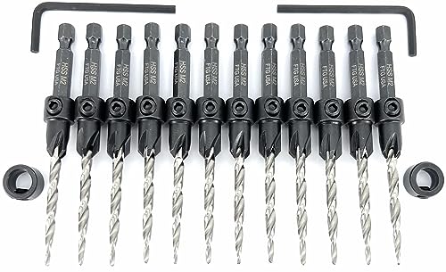 FTG USA 12 Pc #8 (11/64") Tapered Countersink Drill Bit Set with 2 Stops - size: #8, style: Same Sort 12 Pc