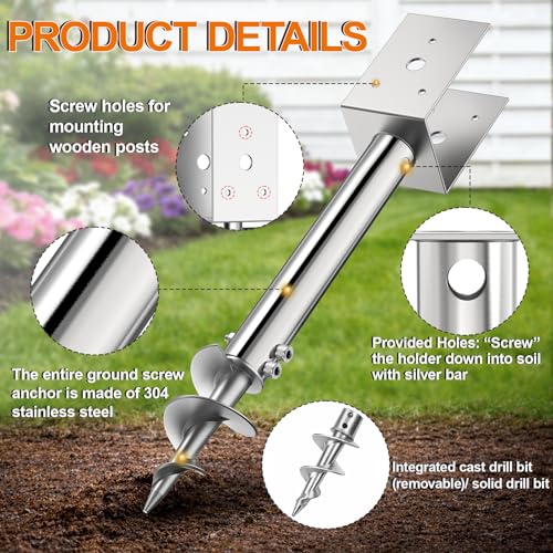 No Dig Ground Screw Anchor for 4x4 Post, Heavy Duty 304 Stainless Steel Fence Post Anchor with Removable Auger, Post Holder for Mailbox, Signs, Fence, Deck Support (4PCS) - size: 4PCS