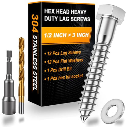 Hex Head Lag Bolts for Wood, Lag Screws 1/2" x 3",12 PCS - size: 1/2" x 3"