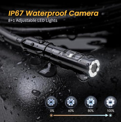 Dual Lens Endoscope Camera with Light, 1080P Borescope Inspection Camera with 5" IPS Screen, 32.8FT Semi-Rigid, 8+1 LEDs & 32GB Card, 7.9mm IP67 Waterproof Sewer Snake Cam for Car Plumbing Wall