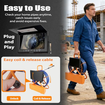 KCpayn 100FT Sewer Camera 7" Screen 1080P HD Pipe Inspection Borescope - size: 100FT/30m/7"