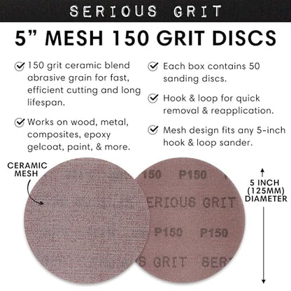 Serious Grit - 5-Inch P150 Grit Ceramic Mesh Sanding Discs - 50 Pack - style: 150 Grit