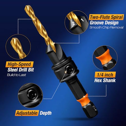 Countersink Drill Bit Set, 11pcs Titanium Coated Adjustable Depth