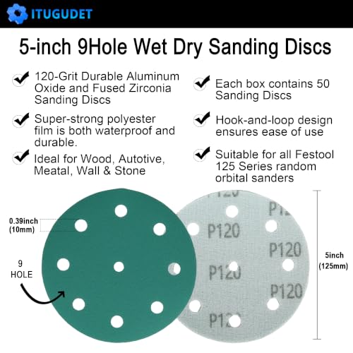 5 Inch 9 Hole Wet Dry P120 Grit Sanding Discs - 50 Pack Box - size: 120 Grit