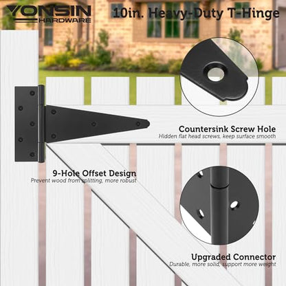 10" T-Strap Shed Door Hinges 2Pcs, Heavy Duty Black Tee Hings for Wooden Fence Gate, Outdoor T Hinges Barn Door Gate Hinges Hardware, Wrought Hinges Hardware, Thickness 2mm - size: 10 Inch