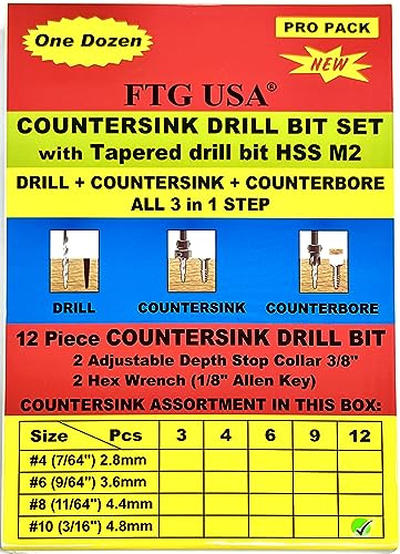 FTG USA 12 Pc #10 (3/16") Countersink Drill Bit Set with Tapered Drill Bits - size: #10, style: Same Sort 12 Pc