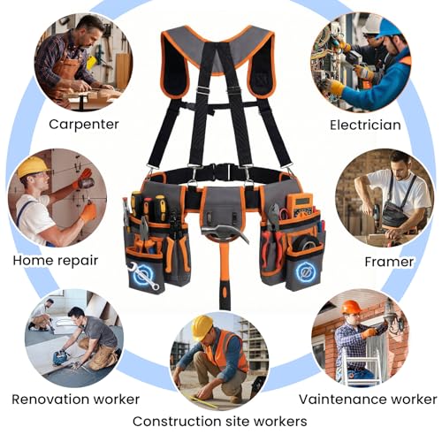 Tool Belt with Suspenders, 18-Pocket Combo Harness System with Magnetic Pouches, Heavy Duty Detachable Utility Bags Adjustable 32"-66" Waist for Electricians, Carpenters, Framers (Orange-Grey) - color: Orange-grey