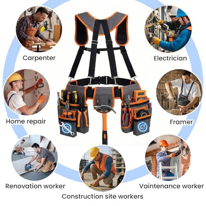 Tool Belt with Suspenders, 18-Pocket Combo Harness System with Magnetic Pouches, Heavy Duty Detachable Utility Bags Adjustable 32"-66" Waist for Electricians, Carpenters, Framers (Orange-Grey) - color: Orange-grey