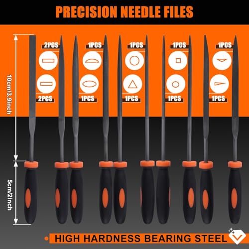 25PCS Metal File Set with Storage Bag, T12 Drop Forged Carbon Steel Flat/Triangle/Half-Round/Round Large File and 12PCS Precision Needle File with Sandpaper Brush Gloves, Work for Metal, Wood