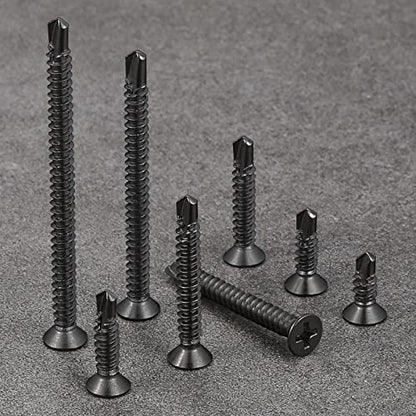 Wensilon（300pcs）#8×1”for Sheet Metal Self-Tapping Screws 410 Black Stainless Steel Flat Head High-Strength Quick self-Drilling Screws - color: Black, size: #8X1"