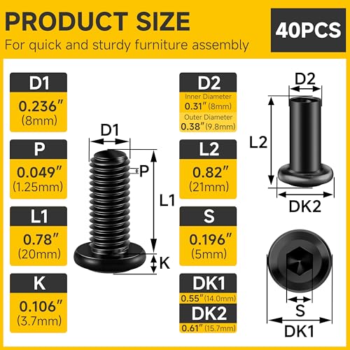 Mywish M8 x 20mm 20Set Flat Head Hex Socket Cap Screws Bolts with Barrel Nuts, 304 Stainless Steel Furniture Bolts Full Thread, Black Oxide & Hex Spanner - color: Black-M8+Nuts, size: 20mm