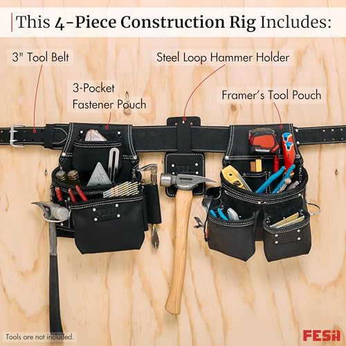 FESA 3 Inch Leather Tool Belt for Men with Hammer Holder Adjustable 34"-44" - color: Black
