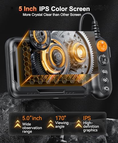 Dual Lens Endoscope Camera with Light, 1080P Borescope Inspection Camera with 5" IPS Screen, 32.8FT Semi-Rigid, 8+1 LEDs & 32GB Card, 7.9mm IP67 Waterproof Sewer Snake Cam for Car Plumbing Wall