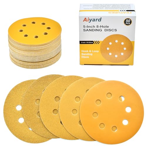 5-Inch 8-Hole Hook and Loop Sanding Discs 60-400 Mixed Grit, 50-Pack