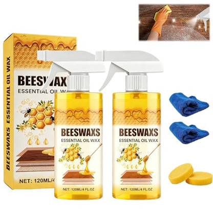 Beeswax Wood Polish Spray, Beeswax Essential Oil Wax, Natural Beeswax Furniture Polish & Wood Cleaner with Sponge and Towel, Upgrade Wood Wax Restorer for Floors, Furniture, Cabinets Tables (2Pcs)