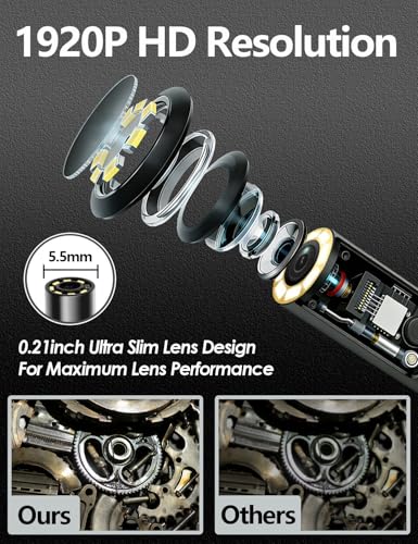 5.5mm Endoscope Camera, 1920P HD Borescope with 8 Adjustable LED Lights, Semi-Rigid Snake Cable, IP67 Waterproof, 16.4ft Single Lens for iOS & Android