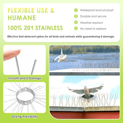Pigeon Spikes Stainless Steel Bird Spikes for Outside to Keep Birds Away 19 Pack 15ft Coverage Bird Spikes Wire Prevention Spikes for Small Bird Squirrel for Fence Roof Blacony - size: disassembled-19pcs-15ft
