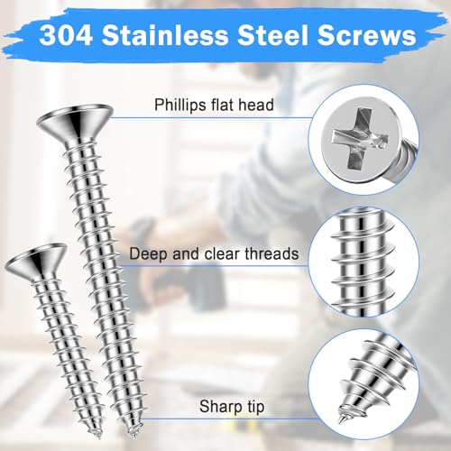 220 Pcs Wood Screws Assortment Kit, 304 Stainless Steel Screws, Phillips Drive Flat Head, Wood Screws, Screws Assortment Kit, Screw Set, 7 Sizes (2", 1-1/2", 1-1/4", 1", 3/4", 5/8", 1/2") - size: #6 #8 220PCS