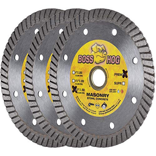 Delta Diamond Boss Hog 5 Inch 3 Pack Turbo Premium Diamond Blade for Masonry, Brick, Block, Pavers, Concrete, Stone, Wet/Dry Cutting, Continuous Rim (5" 3 Pack) - size: 5 Inch 3 Pack