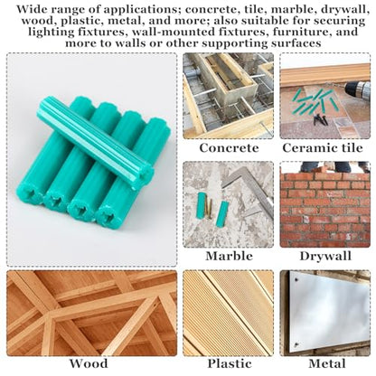 Lineshading 500pcs Expanding Plastic Screw Anchors 1/4" Hole Green Plastic Anchors for Concrete Tile Cement Bolt Expansion Tube for #10,11,12 Screws, Fix to Wall Drywall or Other Surface (1-1/2") - size: 1-1/2"
