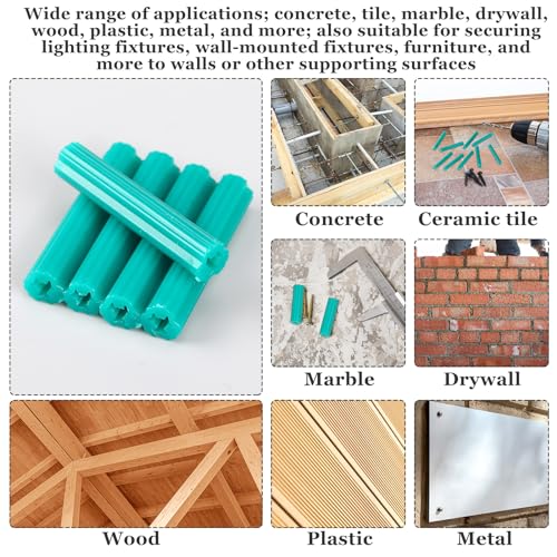 Lineshading 500pcs Expanding Plastic Screw Anchors 1/4" Hole Green Plastic Anchors for Concrete Tile Cement Bolt Expansion Tube for #10,11,12 Screws, Fix to Wall Drywall or Other Surface (2") - size: 2"