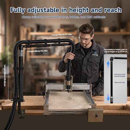 Dust collection boom arm, Adjustable Clamp Mount Hose Holder with 360° Rotatable Swivel Head & Two 40cm Extension Arms for CNC Lathe Woodworking Table Saw Router Table Dust Collection System