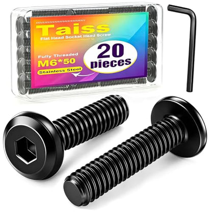 Taiss 20pcs M6 x 50mm Flat Head Socket Head Screw Furniture Bolts,Furniture Screws Stainless Steel 18-8(304),M6 Bolts Black Zinc Plated Fully Threaded,Countersunk Connector M6 Screws with Hex Spanner - size: 20PCS M6x50mm