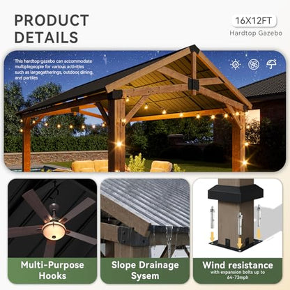 Aoxun 12' x 16' Wood Gazebo with Galvanized Steel Gable Roof, Gray - color: Taupe Gray, size: 12' x 16'
