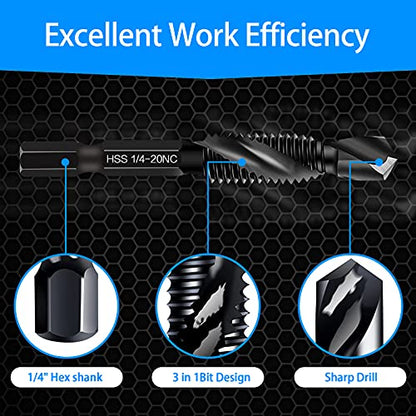6-Piece 10-32NC Combination Drill Tap Countersink Bit Set SAE, Made of High-Speed Steel with Anti-Rust Blackened Coating, Ideal for Soft Metal, Wood & Plastic, 10-32NC Thread Size, 1/4” Hex Shank - size: 10-32NC