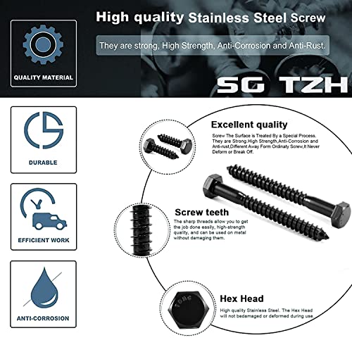 1/2" x 6" Hex Head Lag Screws Bolts 20Pcs 304 Stainless Steel 18-8, Partial Thread, Hexagon Head Wood Screws by Black Oxide by SG TZH - size: 1/2" x 6"
