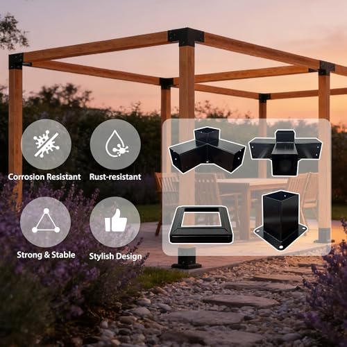 Pergola Kit with 3-Way Brackets & 4-Way Corner Brackets - size: 18-Pc Flat kit: 4P 3-Way+2P 4-Way+ 6P Base&Cover